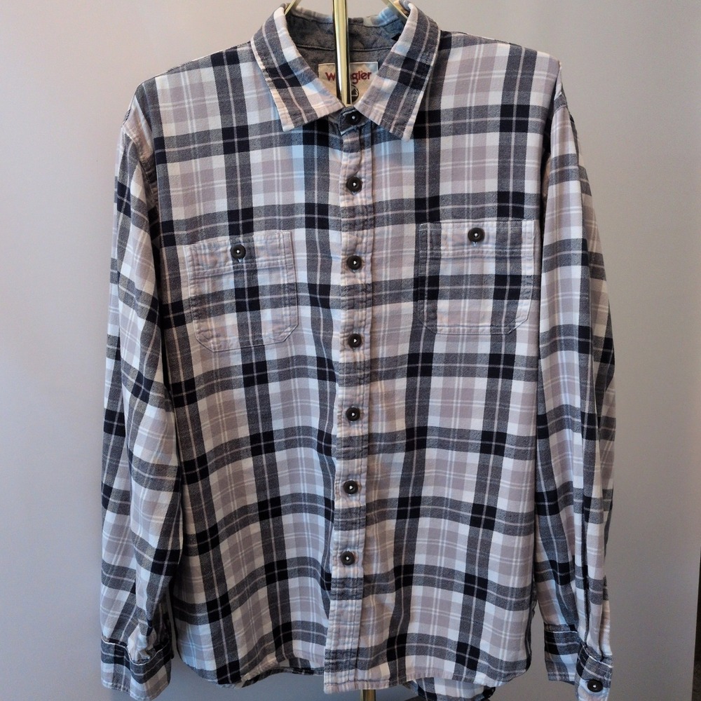 Wrangler Flannel Shirt Mens 2XL Grey Black Plaid Cotton Long Sleeve Workwear
